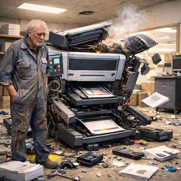 old man and dilapadated press